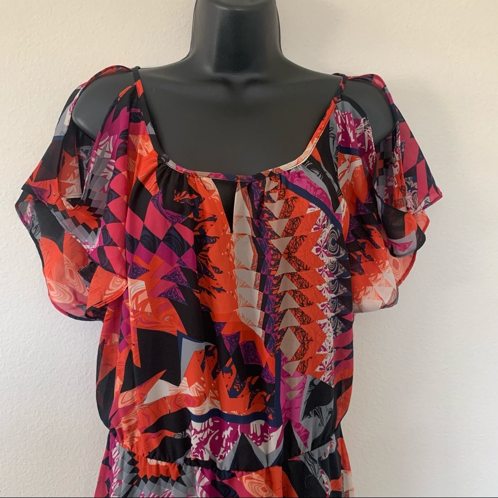 MSK Multicolor Geometric Tribal Print Cold Shoulder Fit and Flare Dress - Picture 2 of 9